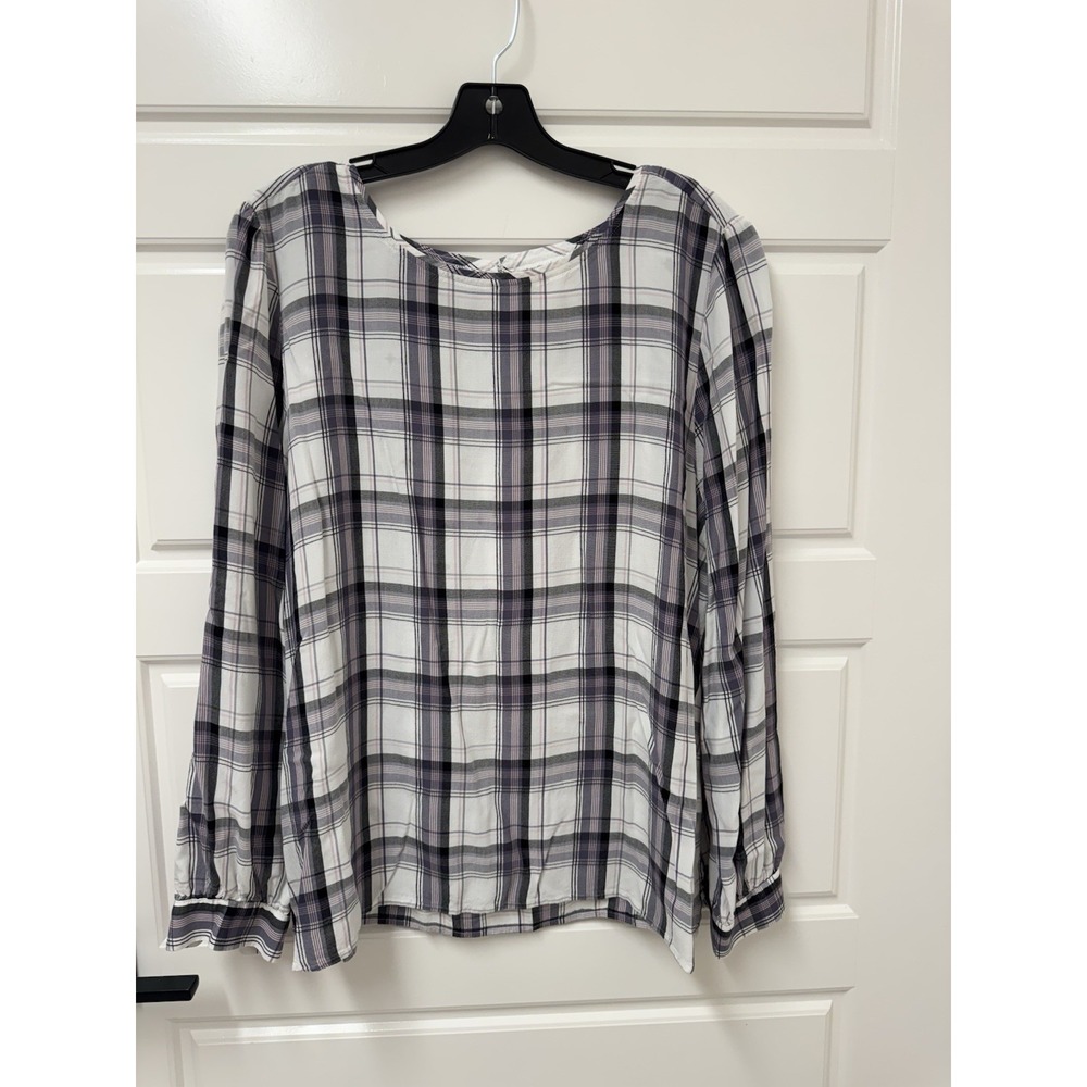 Loft XXL Blouse Plaid Long Sleeve Top Rayon White Purple Black